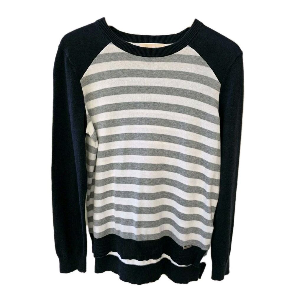 Michael Kors Women's Medium Sweater Gray White Striped With Navy Sleeves Summer